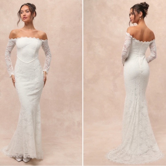 LULU's Sexy Bridal Wedding Floral Lace Off the Shoulder Boho Flowy Mermaid Gown - Picture 1 of 6